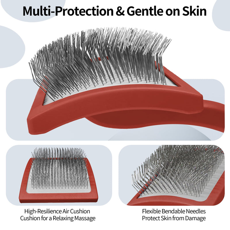 Pet Slicker Brush for Long & Short Hair - Detangling Tool for Dogs & Cats - 135° Angled Stainless Steel Pins, Curved Handle - Gentle Grooming for Small/Medium/Large Breeds (Red) Red
