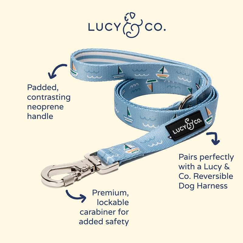 Lucy & Co. 5 Foot Dog Leash - Best Designer Dog Leash - Blue & White Stripes & Sailboats, Large Set Sail Leash L - PawsPlanet Australia
