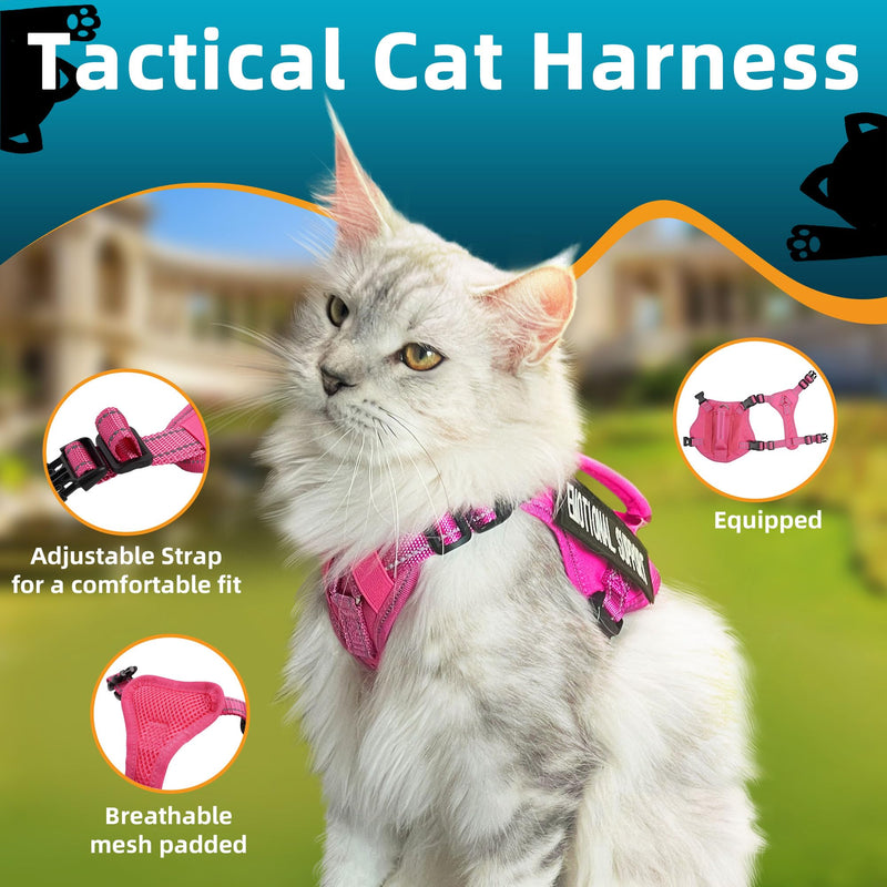 Tactical Cat Harness Pink for Walking Esacpe Proof,Adjustable Soft Mesh Large Cat Vest with Rubber Handle Easy to Control,Molle Patches L - PawsPlanet Australia