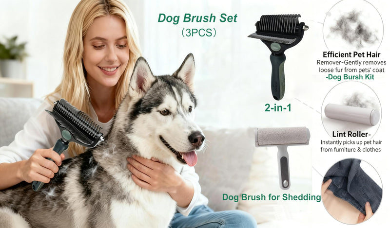 Dog Brush Set - 2-in-1 Double-Sided Slicker Brush for Dogs | Dog Brush for Shedding & Long/Short Haired Dogs, Fur Remover Roller for Efficient Cleanup, Shedding Solution for Multi-Pet Homes（3PCS） - PawsPlanet Australia