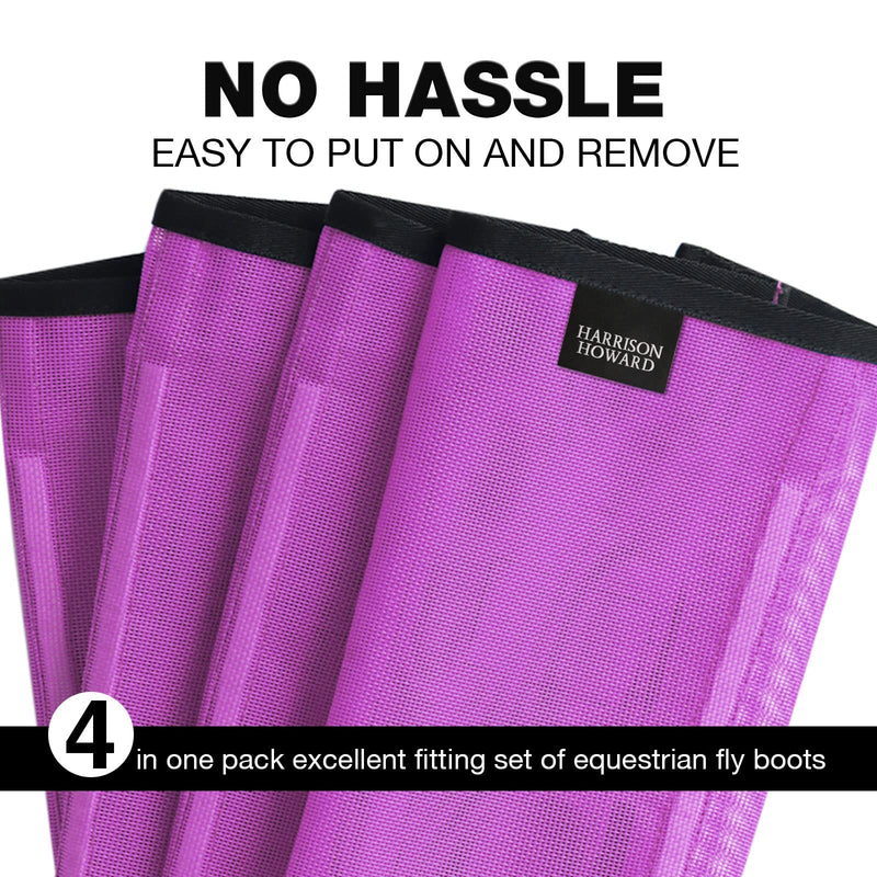 Harrison Howard Loose Fitting Fly Boots UV-Protective Extra Tough Mesh Ventilated Four Fasteners Stay-on Design Protect Horse Legs & Stomp-Reducing Set of 4 Purple Small