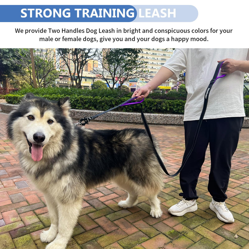 Strong Heavy Duty Dog Leash - 6ft Reflective Nylon Training Leash with Soft Padded Double Handle & Auto Lock Frog Clip - Safety Traffic Control for Large Medium Small Dogs No Pull Walk BlackPurple,6ft 6FT x 1" x 2.8MM Black Purple - PawsPlanet Australia