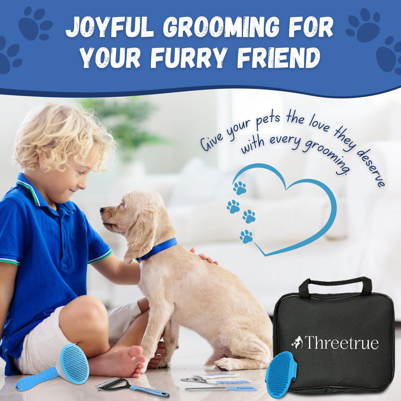 Complete Dog Brush set, 5-in-1 Grooming kit with Slicker Brush, Rubber Massage Brush, Nail Clipper, File, and Undercoat Rake. - PawsPlanet Australia