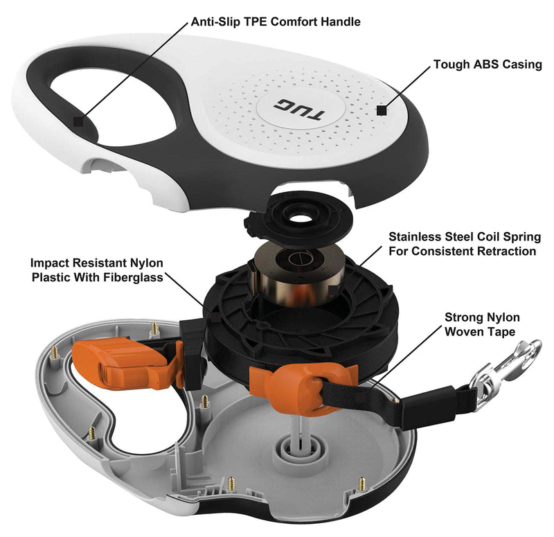 TUG 360° Tangle-Free Retractable Dog Leash with Anti-Slip Handle | 16 ft Strong Nylon Tape | One-Handed Brake, Pause, Lock (Large, White/Orange) Large - PawsPlanet Australia