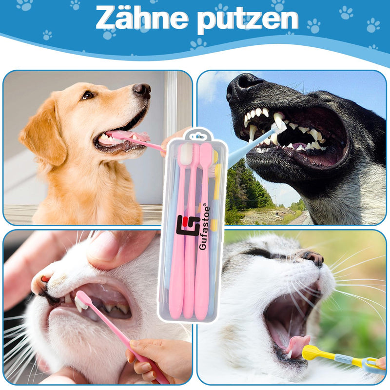 Pack of 7 Pet Toothbrushes, Toothbrush for Dogs and Cats, 2 Pieces Triple Heads Dog Toothbrushes Multi-Angle Teeth Cleaning Set for Small, Medium and Large Pets Blue + Blue + Pink 7 pcs (Pack of 1)