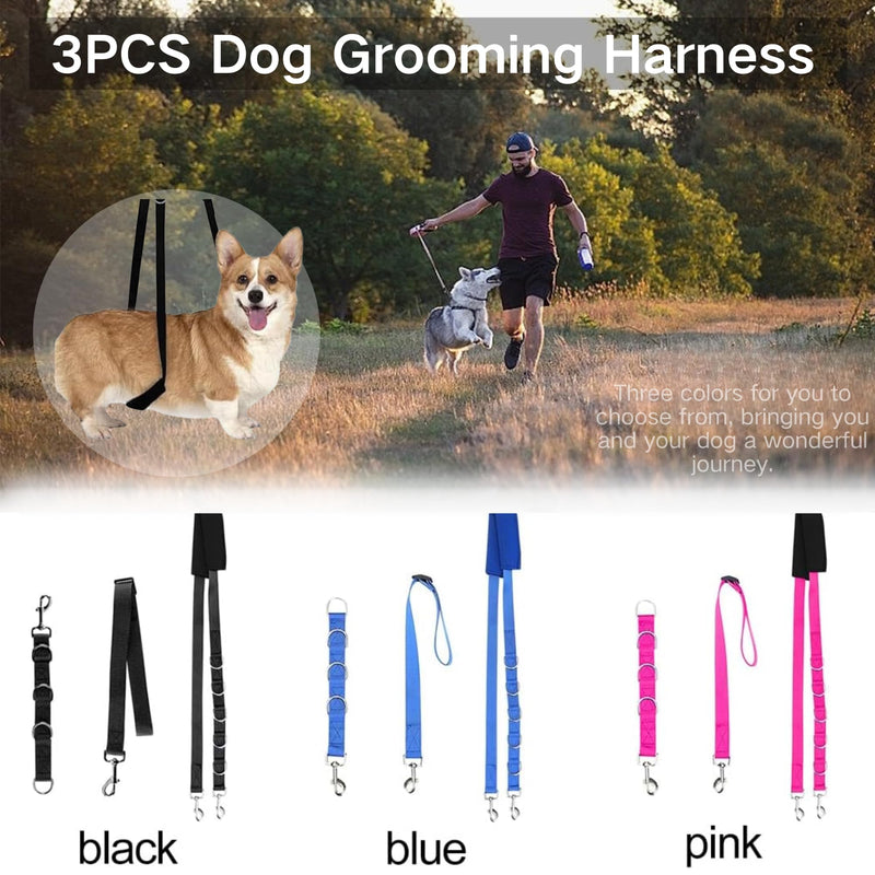 3-Piece Dog Harness Strap - Strong Endurance, Adjustable Restraint Belly Strap for Table Arm Grooming (Black) Black