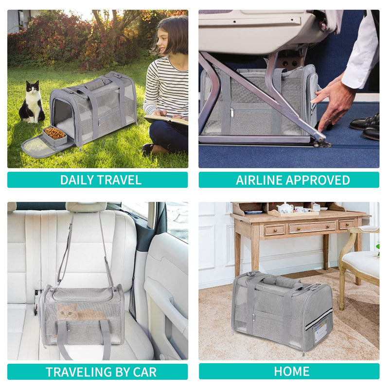 Soft Sided Cat Carrier for Small Cats Puppies up to 15 Lbs, Airline Approved Pet Carrier Collapsible Travel Puppy Carrier with Reflective Strip, Grey - PawsPlanet Australia