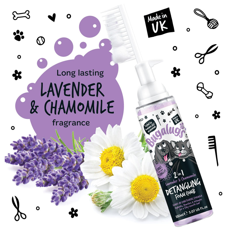 Bugalugs Pet Detangler Foam Comb - leave In conditioner spray for de matting. No tangles. Professional dog grooming formula with Wheat protein. Dog Detangler Spray knot removal (Lavender & Chamomile) Lavender & Chamomile