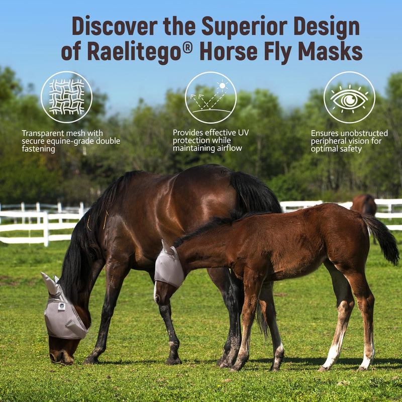 Raelitego Horse Fly Mask, Adjustable Fly Masks for Horses with Ears, UV Protection from Insect Pests Comfort Mesh Without Nose Average Size Horses Accessories(Large) Large