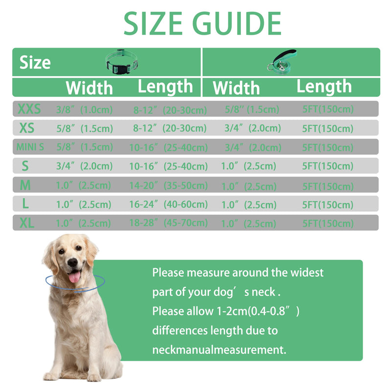 Reflective Dog Collar with Safety Locking Buckle, Adjustable Soft Breathable Nylon Collars for Small, Medium and Large Dogs(Collar+Leash XS Width 5/8" Turquoise) X-Small (Width 5/8")