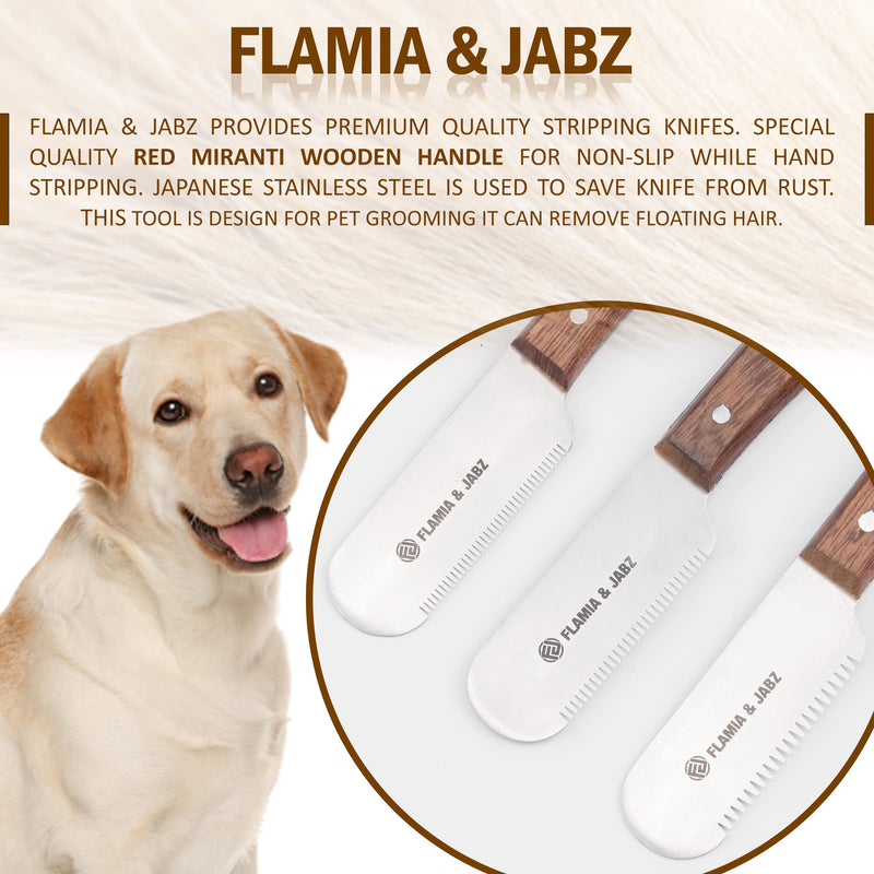 FLAMIA & JABZ Professional Dog Grooming Hand Stripping Knife, Stripper Trimmer Tool, Red Meranti Wooded Handle Non Slip Grip with Tripping Stainless Steel Blade (3 Piece Pack, Right Handed) 3 Piece Pack