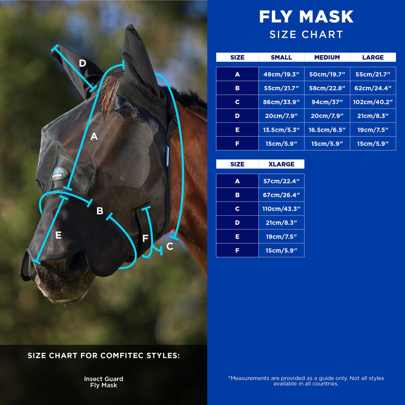 WeatherBeeta ComFiTec Insect Guard Fly Mask with Ears & Nose, Black, Medium M