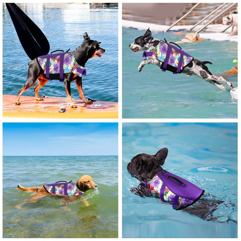 Ripstop Dog Life Jacket, Reflective & Adjustable Dog Swimming Vest with Handle, Dog Life Vests for Boating & Swimming, Pet Safety Life Preserver for Small Medium Large Dogs (Purple, S) Floral Purple - PawsPlanet Australia
