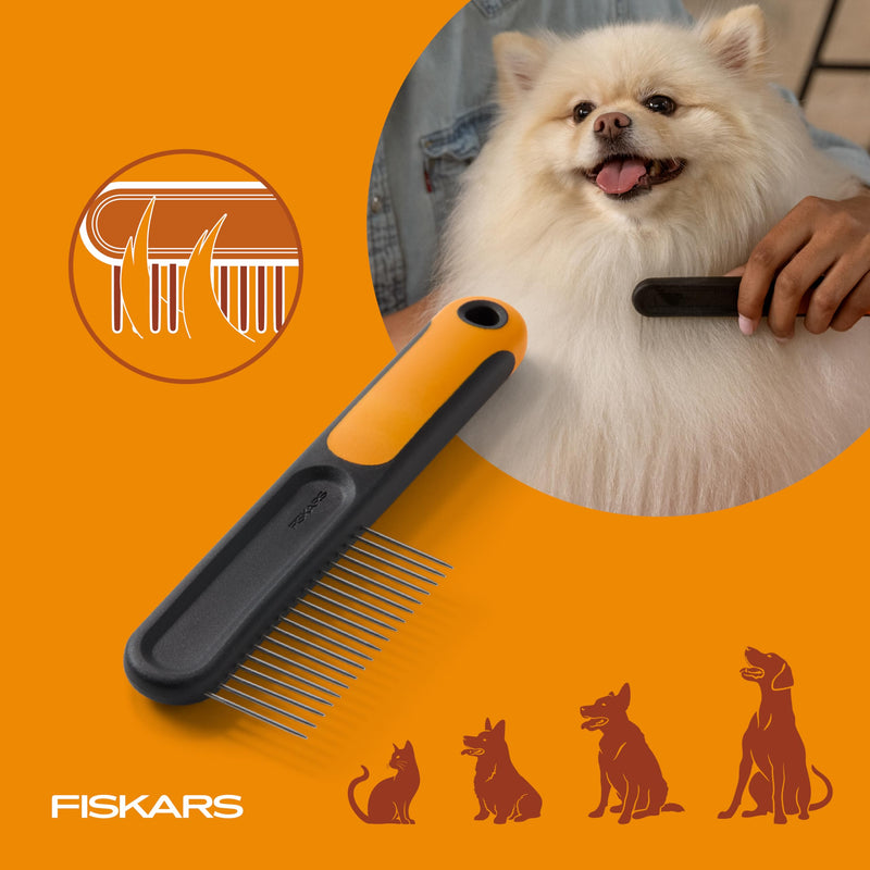 Fiskars Pet Wide Tooth Comb, Cat & Dog Comb, Wide-Spaced Rounded Teeth & SoftGrip™ Handle for Gentle Detangling, Cat and Dog Supplies, 7”, Orange/Black