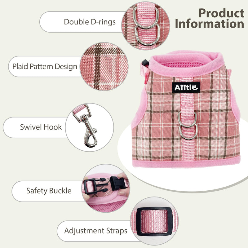 AIITLE Breathable Rabbit Harness and Leash Set - Plaid Pattern Padded Vest with Magic Tape Design, Dual D-Rings, Adjustable for Small Animal Pets, Indoor Outdoor Training Camping, Pink M - PawsPlanet Australia