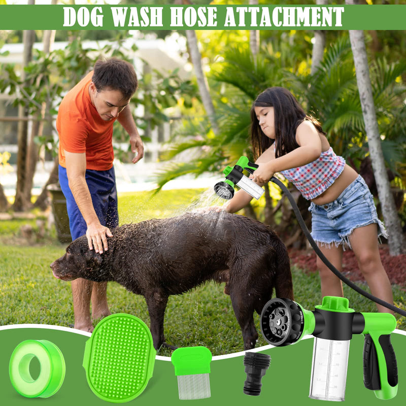Pup Jet Dog Wash Outdoor, 8-in-1 Dog Sprayer Hose Attachment with Dog Shower Brush and Pet Grooming Comb, 3/4 Inch Standard Garden Hose Nozzle for Watering Flowers, Car Washing, Pet Bathing(Green) Green - PawsPlanet Australia