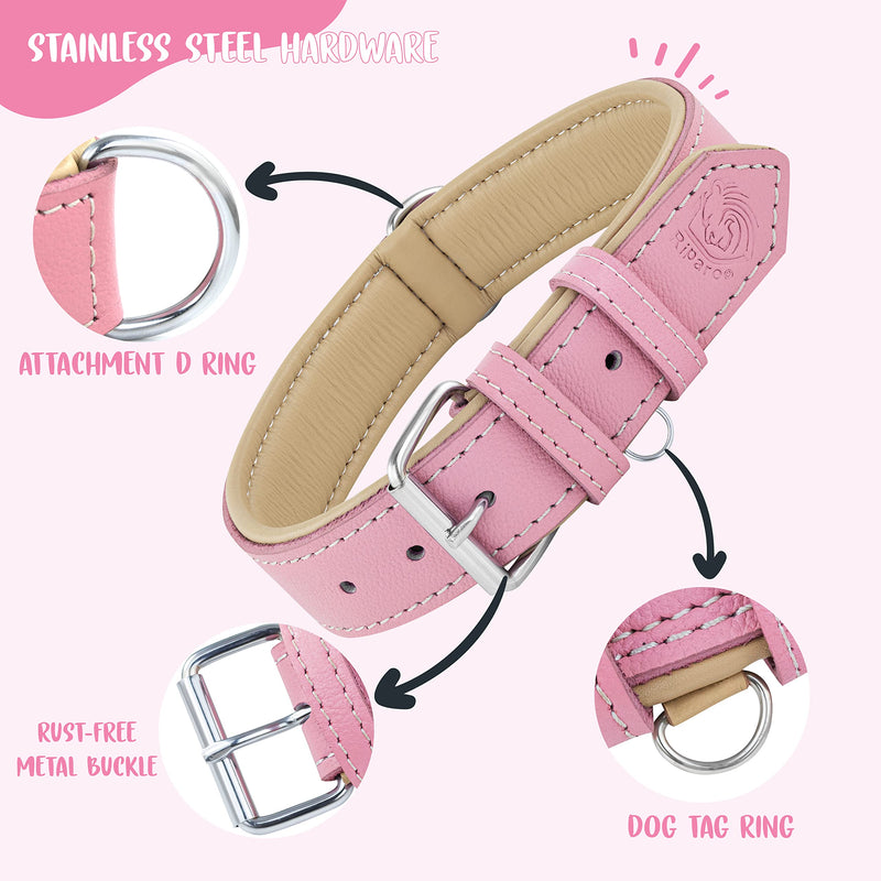 Riparo Genuine Leather Pink Dog Collar Heavy Duty K-9 Adjustable Dog Collar (L: 1.5" Wide for 17"-21" Neck, Pink) L: 1.5" Wide for 17"-21" Neck - PawsPlanet Australia