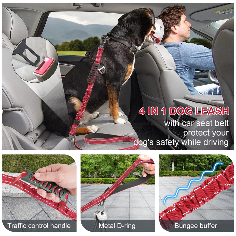 Tactical Dog Leash Heavy Duty, 4-6FT Shock Absorbing Bungee Dog Leash, Reflective Military Strong No Pull Dog Leash with 2 Padded Handle and Car Seatbelt for Medium Large Dogs, Red - PawsPlanet Australia
