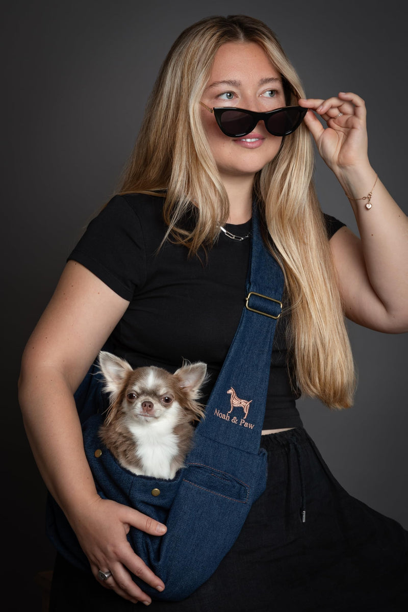 Noah & Paw Dog Sling Carrier for Small Dogs 3-10lb, Dog Sling for Small Dogs and Cats, Dog Carrier with Adjustable Padded Strap, Premium Denim, Lined with Fur, Double Safety Feature, Machine Washable Dark Blue 46 cm L x 20 cm W x 17 cm H