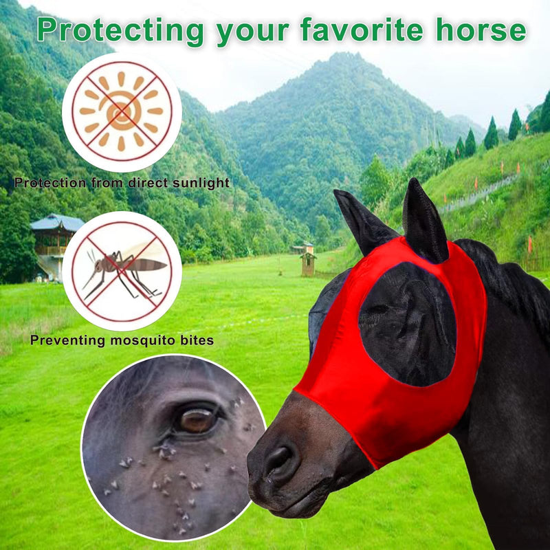 FOXLVDA 3 Pcs Horse Fly Mask - Fly Masks for Horses with Ears, Fashionable and Breathable Stretch Fabric with UV & Sun Protection for Average Size Horse (Blue-Black-Red) Blue-Black-Red Large