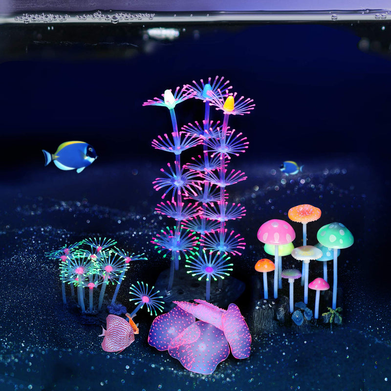 Lpraer 4 Pack Glow Aquarium Decorations Coral Reef Glowing Mushroom Anemone Simulation Glow Plant Glowing Effect Silicone for Fish Tank Decorations 4 Pcs(coral Reef+branch Coral+mushroom+anemone) - PawsPlanet Australia
