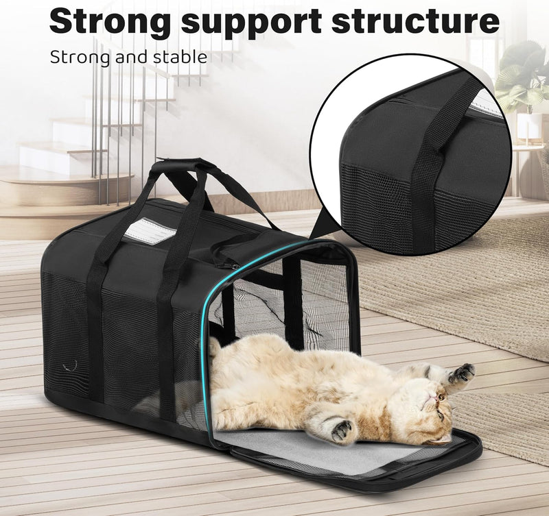 Simple Deluxe Airline-Approved Cat Carrier, 17" x 12" x 12", Soft-Sided Pet Carrier for Cats, Small Dogs, Kittens & Puppies up to 17 lbs, Durable & Collapsible Travel Carrier, Black Black-NEW
