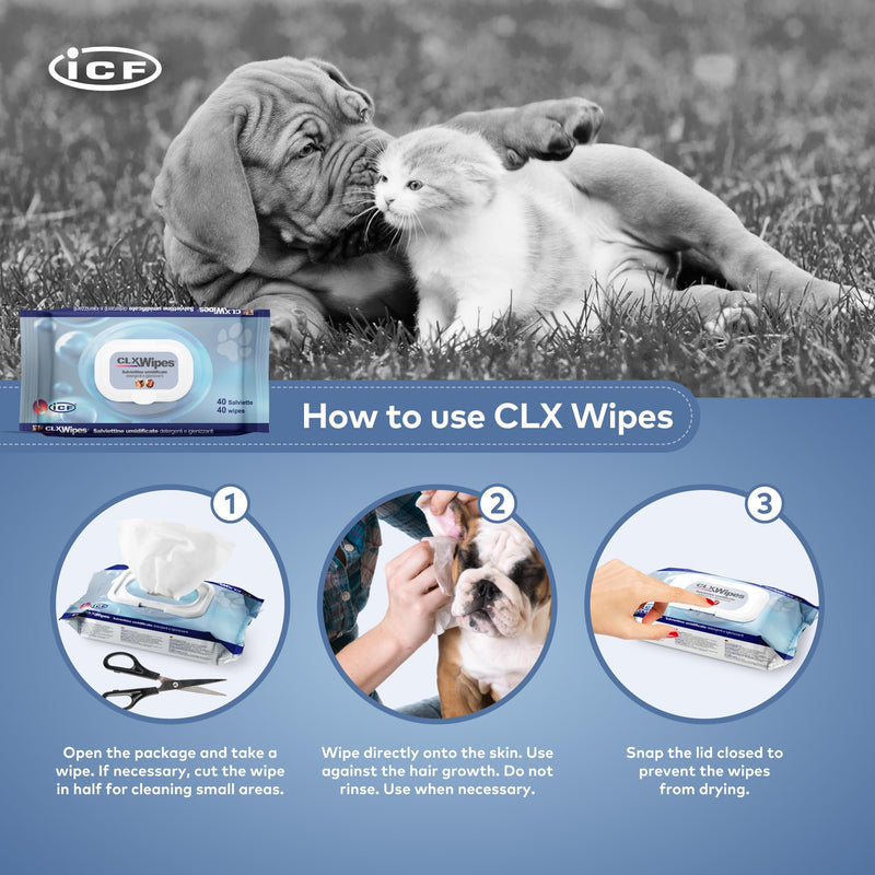 ICF | CLX Cat & Dog Wipes | Antibacterial & Antifungal Cleansing Wipes for Paws, Skin Folds & Ears | Supports Healthy Skin & Odor Control | 40 Count - PawsPlanet Australia