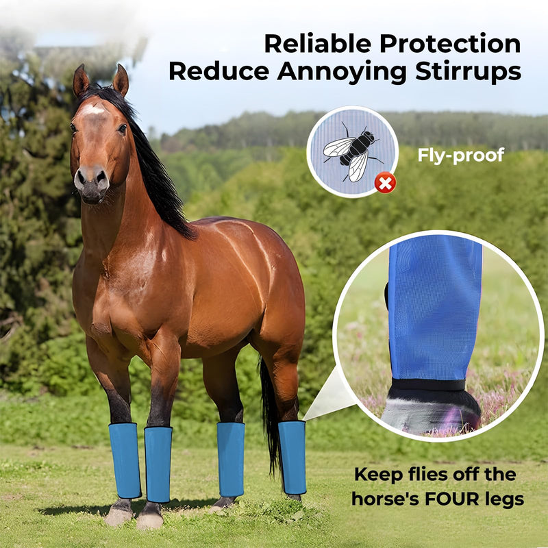 Mesh Horse Fly Boots Set of 4，Adjustable and Universal Loose Fitting & Non-Slip Horse Fly Leggings for Horses,Reduce Stressful Stomping (Blue) Blue