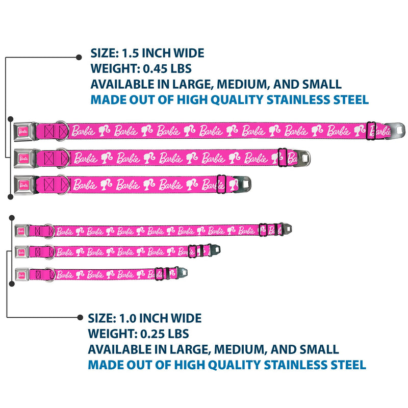 Mattel Easy Adjustable Metal Seatbelt Buckle Quick Release Dog Collar, Barbie Script Signature Logo and Silhouette Hot Pink White, 16 to 23 Inches 1.5 Inch Wide 1.5" Wide - Fits 16-23" Neck - Medium - PawsPlanet Australia