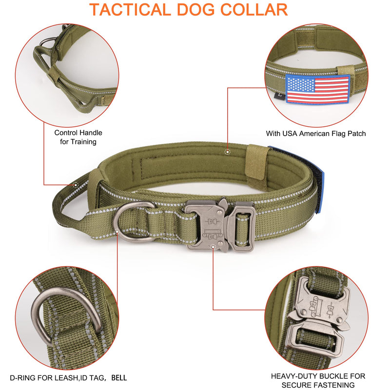 KCUCOP Tactical Dog Collar, Heavy Duty Dog Collar with Handle and Metal Buckle, Military Thick Dog Collars for Medium and Large Dogs(Green-Reflective Set-L, 1 Patch) SET Reflective GREEN L - PawsPlanet Australia
