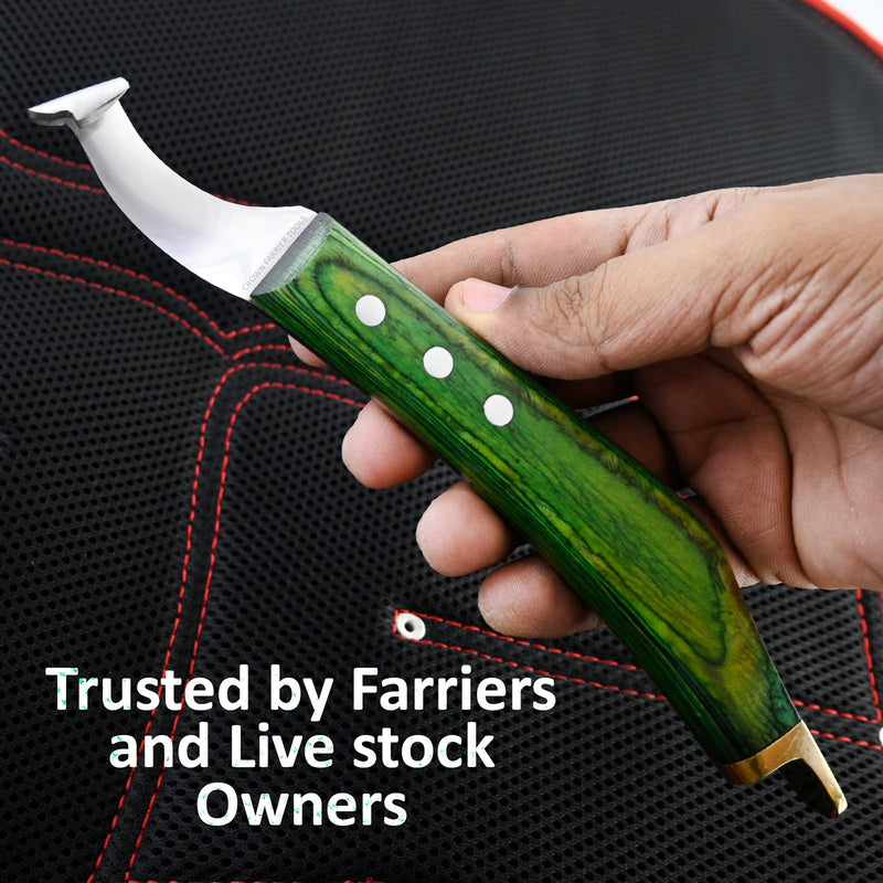 – Super Sharp Hoof Knife with Brass End | Precision-Sharpened Stainless Steel Blade & Wooden Handle | Pro Farrier Hoof Trimming Tool for Horses & Equine (Green, Left-Hand) Green