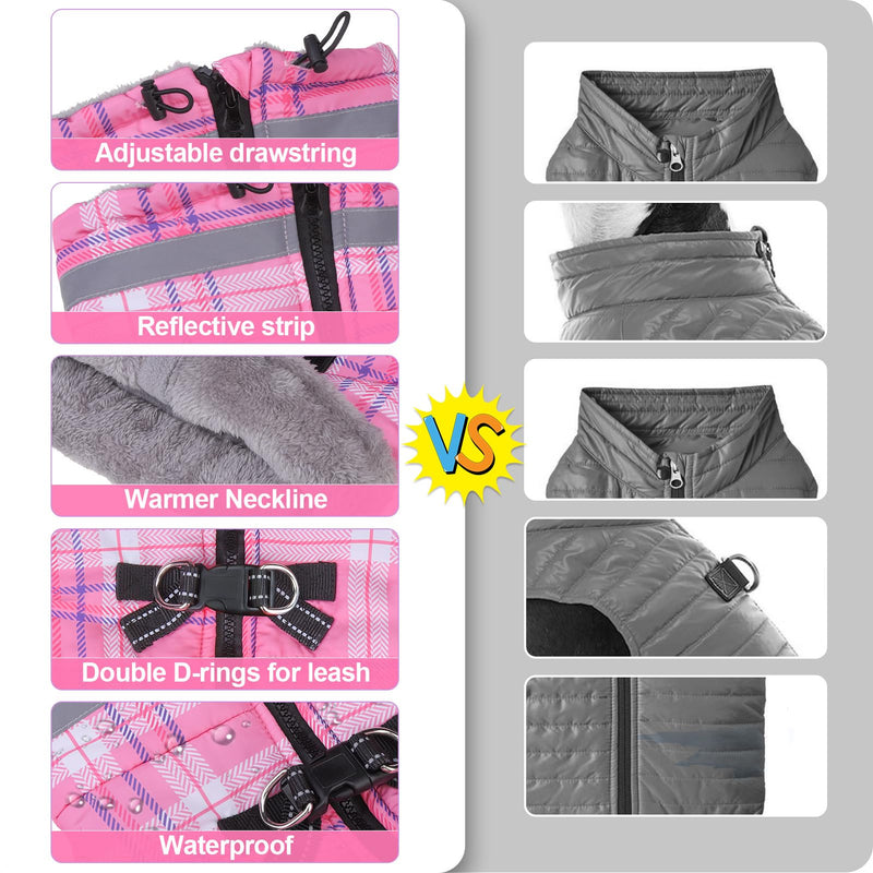 BEAUTYZOO Plaid Dog Coat, Upgraded Reflective Jacket Fleece Padded with Built-in Harness, Waterproof Puffer Vest Turtleneck Pet Apparel for Small to Large Dogs, Pink XXXL XXXL (Back: 27.8",Chest: 43.3", Neck: 29.7")