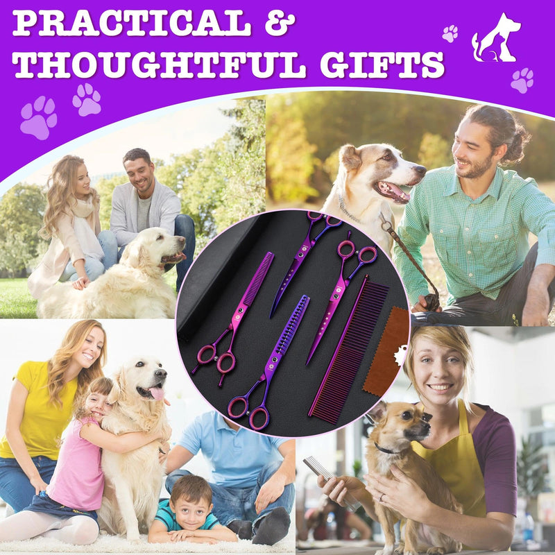 Dream Reach 7" Dog Grooming Scissors Kit, Professional 6 in 1 Dog Scissors Sharp and Durable Shears Set Thinning, Chunker, Straight, Curved Shears and Comb for Pet, Purple