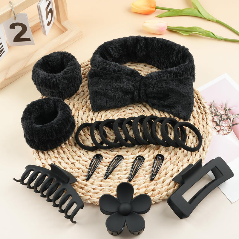 MAORULU 20PCS Spa Headband Set for Women Teens Girls with 4 Snap Hair Clips, 3 Cute Claw Clips, 10 Hair Ties, 2 Wristbands, 1 Headband, Face Wash Makeup Skincare Gift Box (Black, Large) Blacklack - PawsPlanet Australia