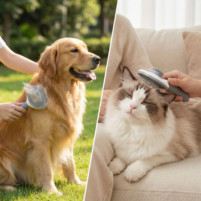 Self Cleaning Slicker Brush for Dogs Cats Bunnies - One-Click Pet Grooming Shedding Tool, Removes Loose Undercoat Tangles, Gentle Massaging Bristles for Long/Short Hair Pets Grey
