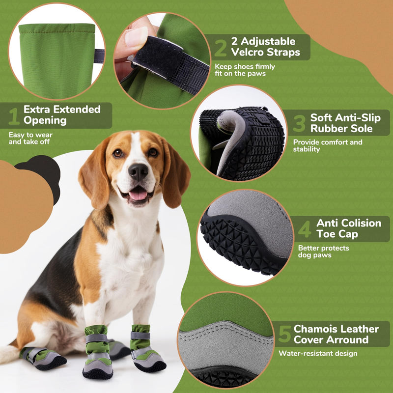 Winter Dog Snow Boots with Fleece Lining, Dog Shoes for Medium Large Size Dogs, Waterproof Dog Booties and Paw Protectors, Anti-Slip & Reflective Dog Shoes for Snow Outdoor, Hiking (Green-Size 5) Green Size 5 (For Width 2.2"-2.4") - PawsPlanet Australia
