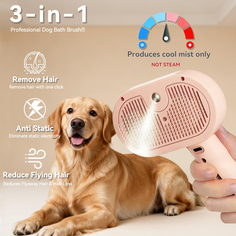 Dog Steam Brush 3-in-1 Spray Bath Brush for Dog and Cat, Pet Hair Removal Comb for Long & Short Haired Pets, Self Cleaning Grooming Brush Can Help to Comb a Pet's Fur and Remove Fleas Pink Pets Brush & 1 Shampoo - PawsPlanet Australia