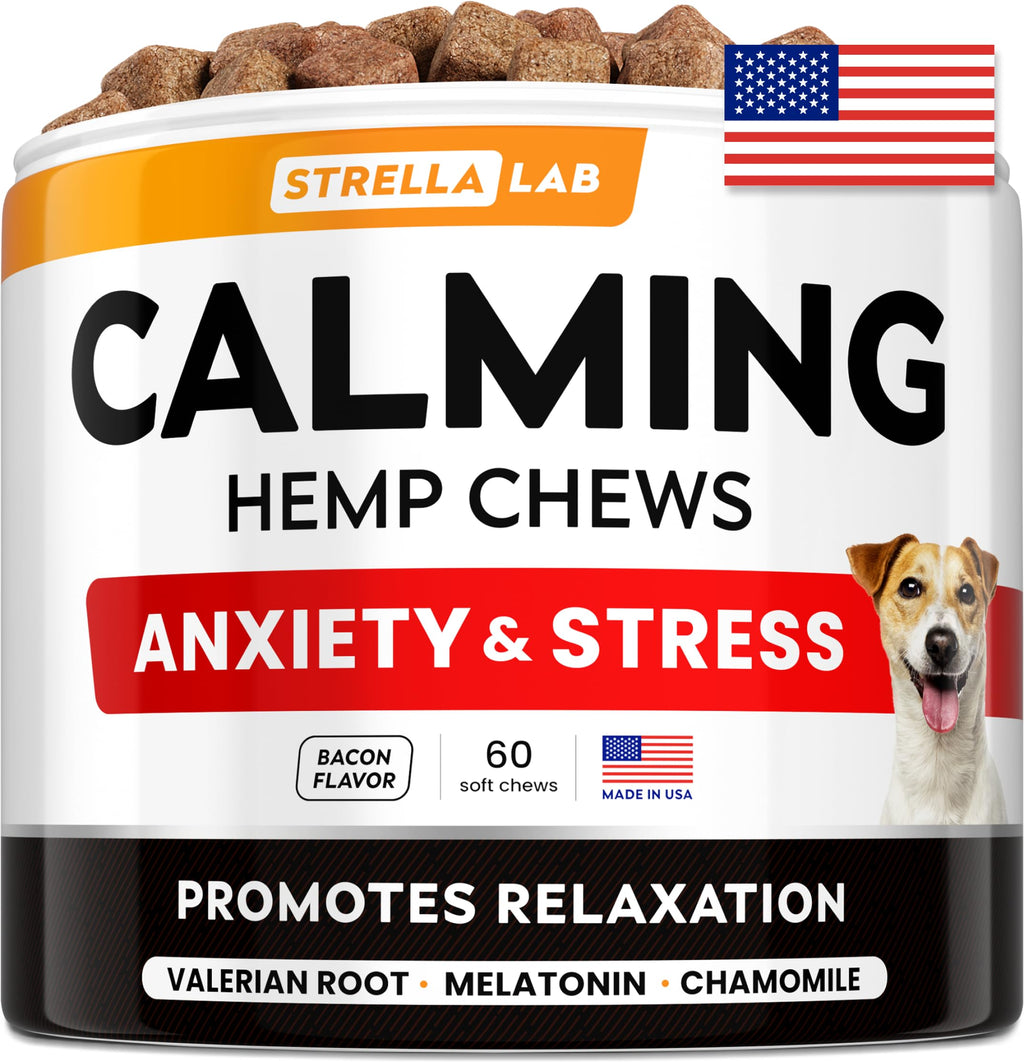 Hemp Calming Chews for Dogs - Dog Calming Treats - Anxiety Relief Treats - Dog Calming Chews - Stress - Sleep Calming Aid - Health & Wellness Supplements for Dog Separation Barking - 60 Treats 60Ct (Bacon) (CALMING) Hemp Chews