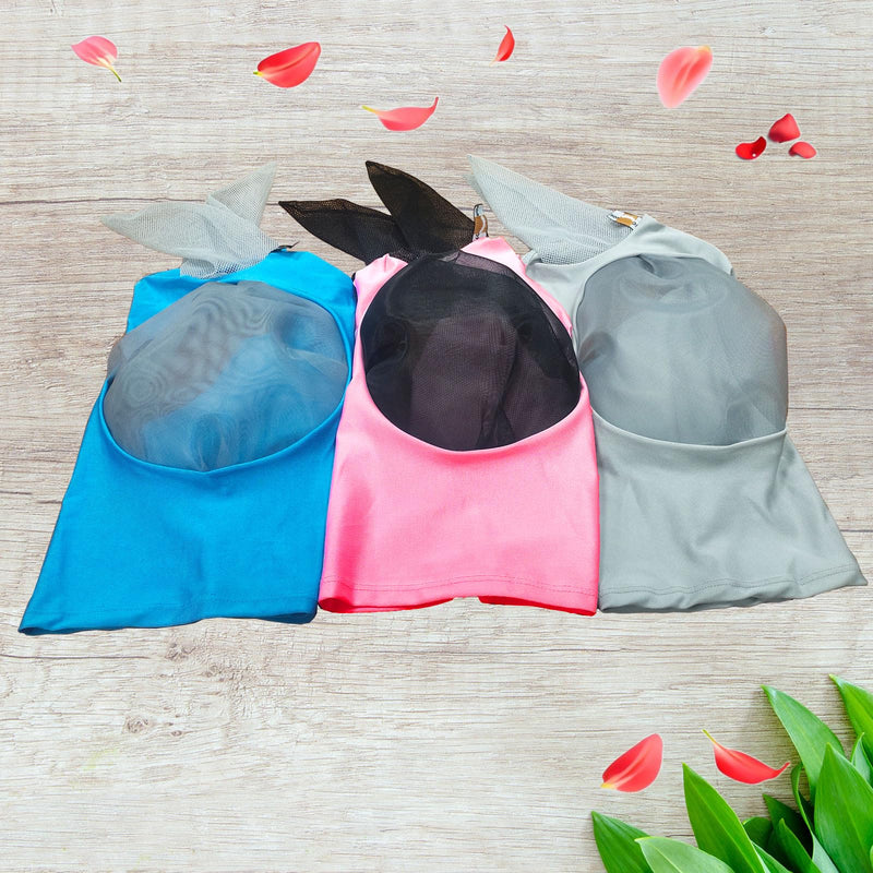 Ride Horse Fly Mask with Ear Protection, Protective Face Cover, Super Stretchy Comfort for Horse-Adult, 3PCS-1Blue1Silvery1Rose Sakura