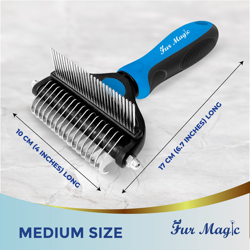 Fur Magic Deshedding and Dematting Comb Double Sided Undercoat Rake Pet Grooming Brush Removing Mats, Knots & Tangles for Dogs and Cats with Long and Medium Hair, Blue