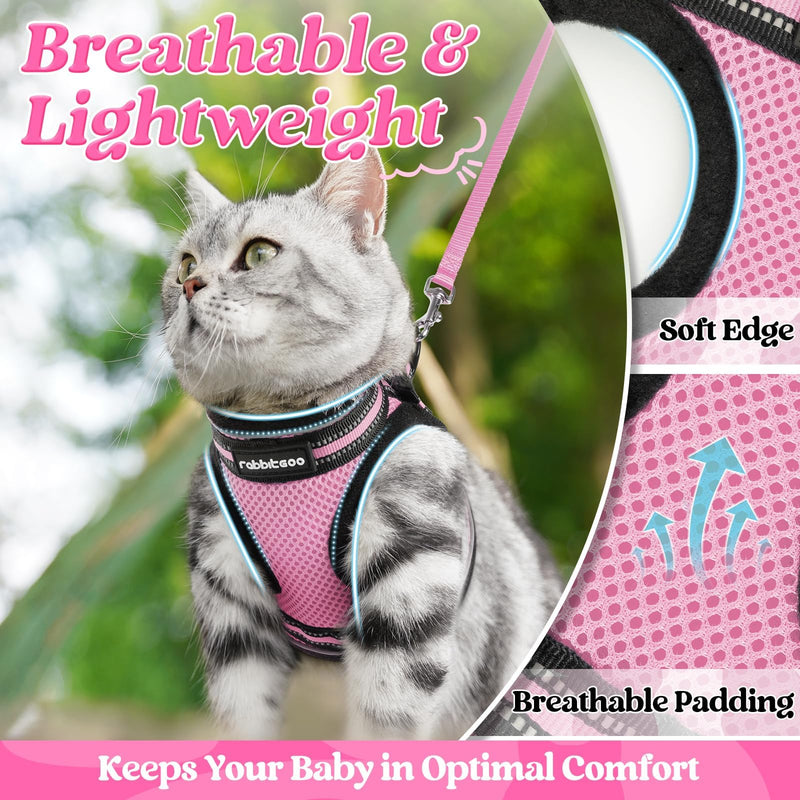 rabbitgoo Cat Harness and Leash Set for Walking Escape Proof, Adjustable Soft Kittens Vest with Reflective Strip for Cats, Comfortable Outdoor Vest, Pink, S Small - PawsPlanet Australia