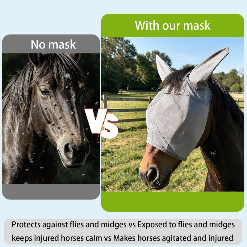 Raelitego Horse Fly Mask, Adjustable Fly Masks for Horses with Ears, UV Protection from Insect Pests Comfort Mesh Without Nose Average Size Horses Accessories(Large) Large