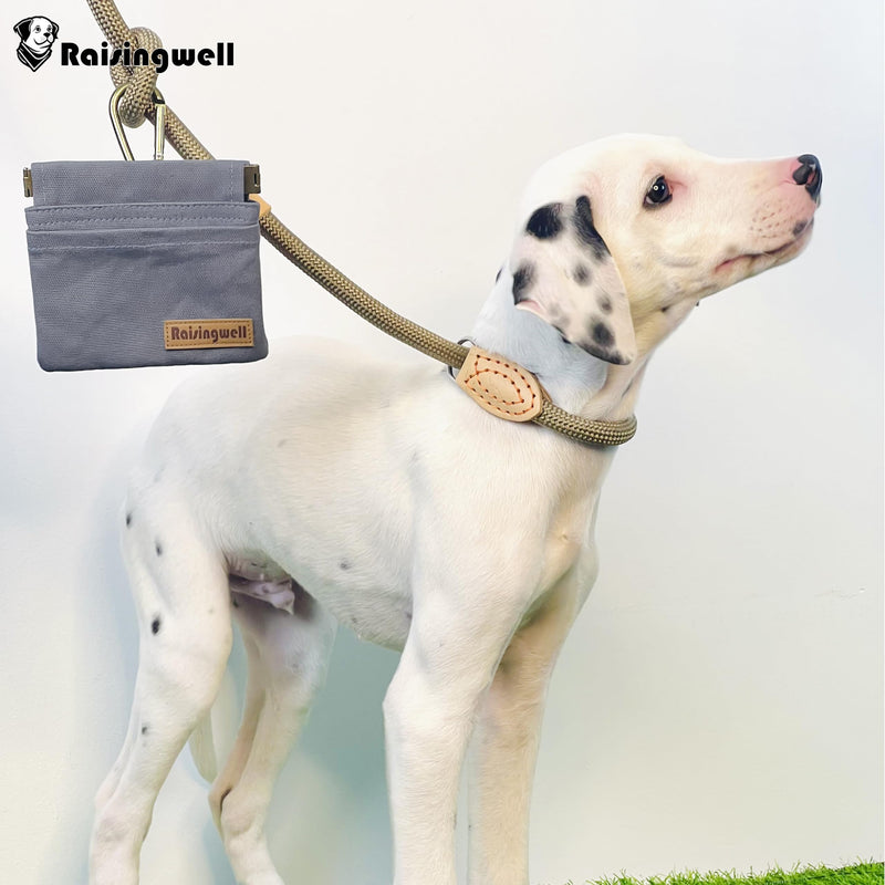 Dog Treat Pouch, Small Cotton Pocket Sized Training Holder, Hand Free Walking Fanny Bag with Carabiner, Self-Closing Pet Feed Snack Reward, Behavior Aids for Puppy Travel or Outdoor (Grey) Grey - PawsPlanet Australia