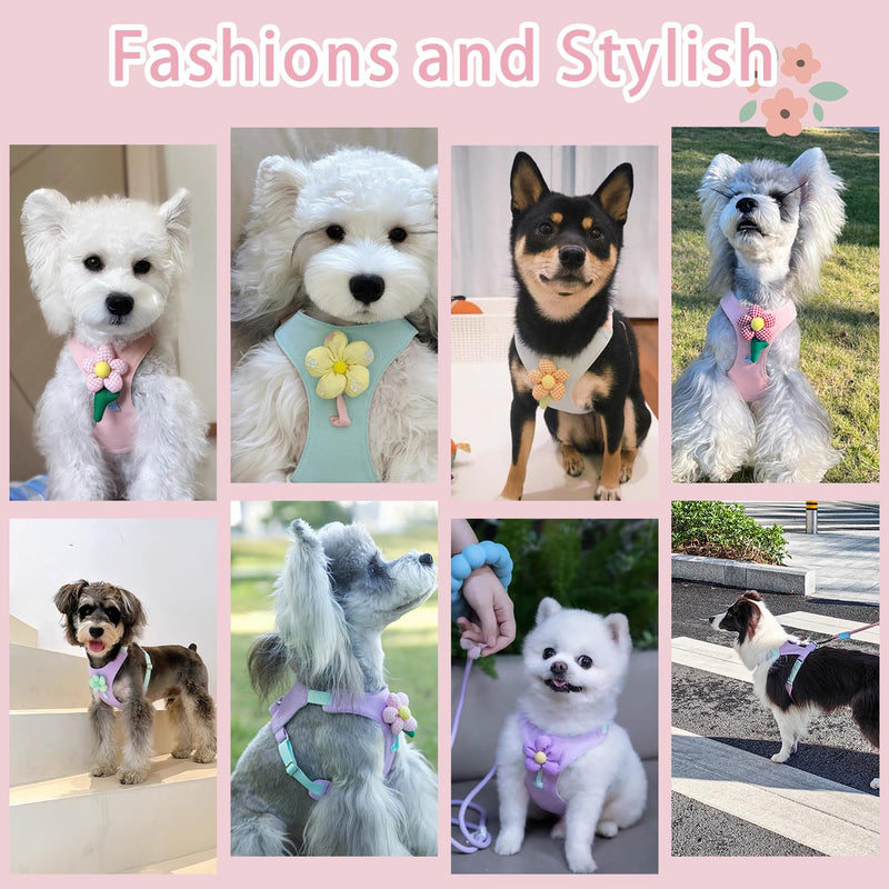 Dog Harness and Leash Set with 2 Flower Patches, No Pull Adjustable Puppy Harness, Step in No Chock Dog Vest for Small Medium Dogs Puppy and Cats(Pink, XS) XS(3.3-5.5lb） Pink - PawsPlanet Australia