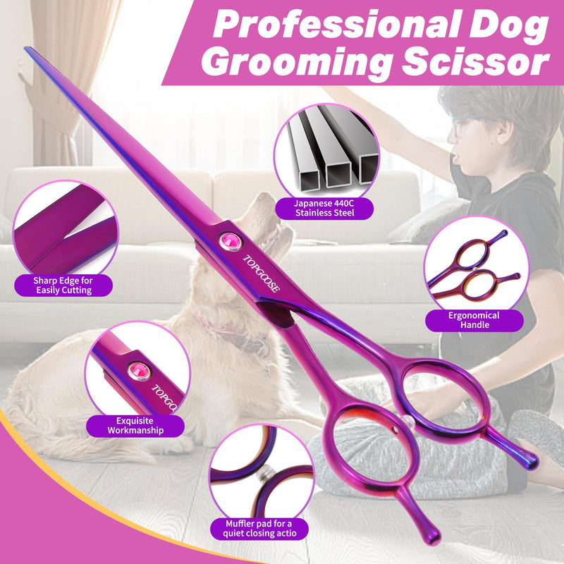 TOPGOOSE 7.5'' Dog Straight Scissors for Grooming 440C Stainless Steel Professional Pet Trimming Scissors Sharp Blades Cutting for Dogs and Cats Shears (Straight, Purple) - PawsPlanet Australia