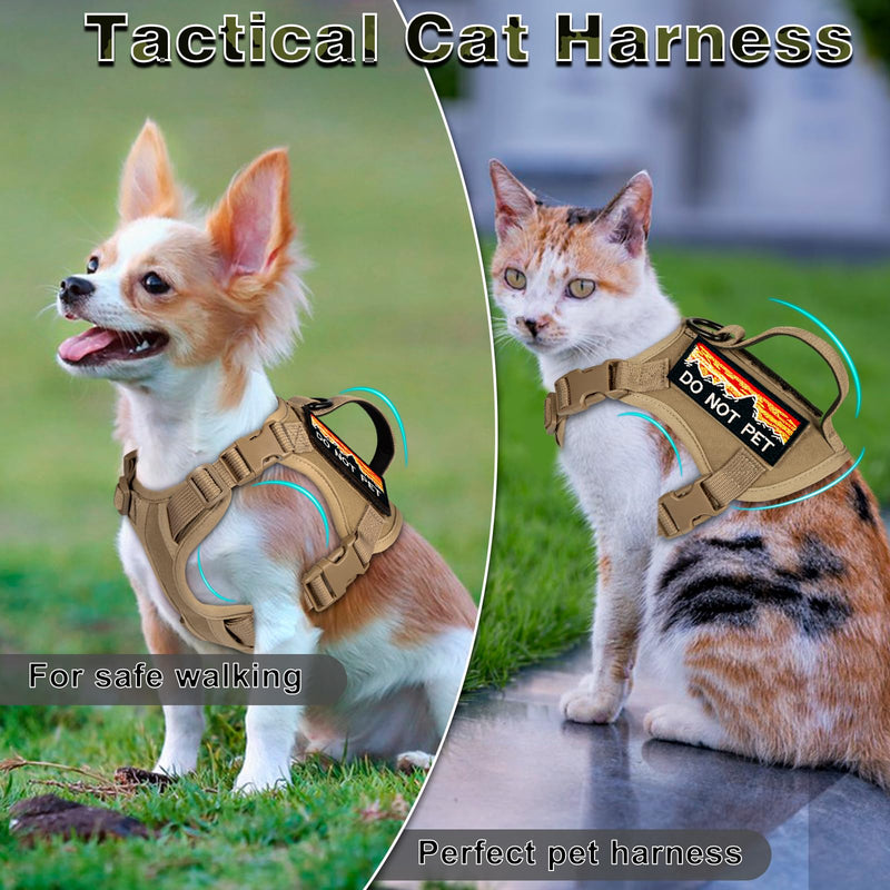 Tactical Cat Harness and Leash Set for Walking, Adjustable Escape Proof Pet Vest for Large Cat, Easy Control Breathable Vest with Handle?Molle Patches (Khaki+Leash, L) Khaki+Leash