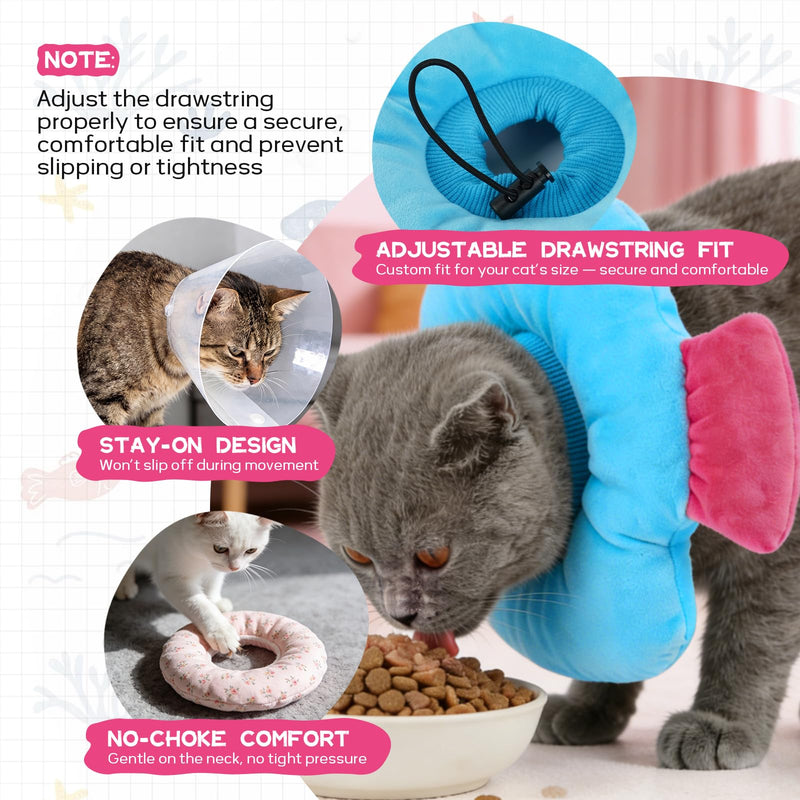 Cat Cone Collar Soft, Adjustable Cat Recovery Collar After Surgery, Pet Pillow Cone, Anti-Lick Wound Healing Elizabethan Collar for Kittens, Cute Fish S Small Blue