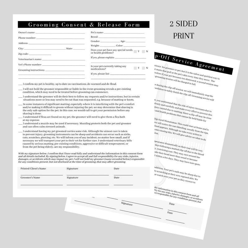 Pet Grooming Intake Forms, Consent & Release, Matted Coat Clip-Off Agreement, Pet Report Card | 50 pk, 25 of each, dbl sided | 8.5x11” Groomer Signature Client Grooming Tips Black and White Minimalist - PawsPlanet Australia