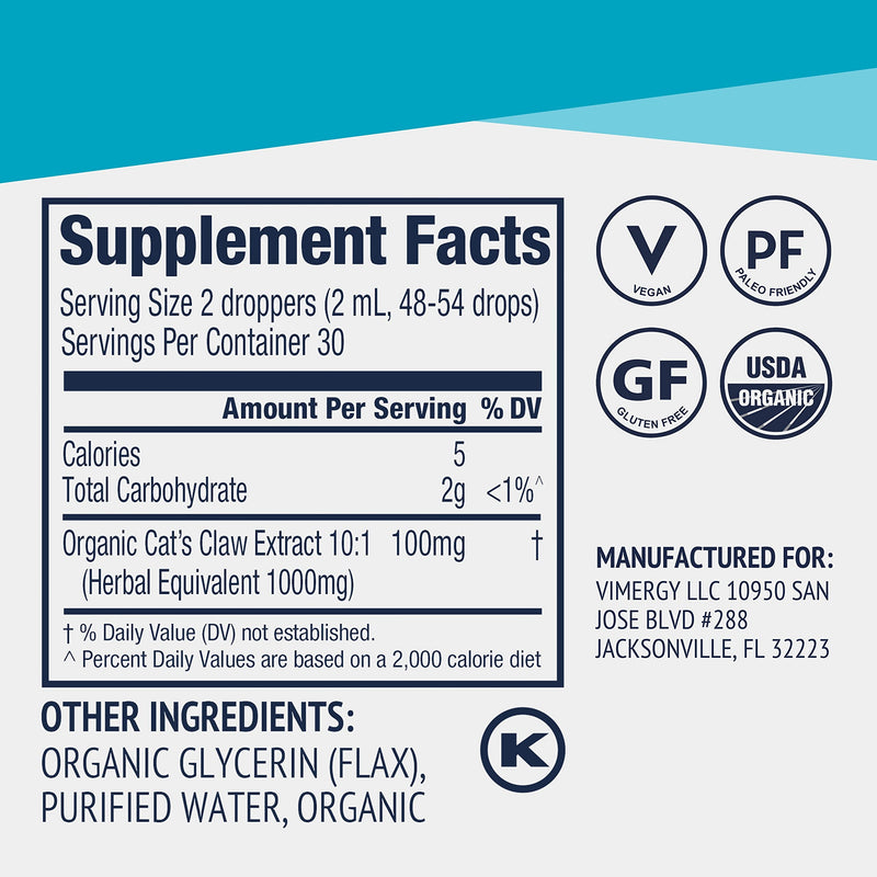 Vimergy Organic Cat’s Claw Liquid – Provides Antioxidant Support* – Benefits The Immune System* – Organic, Vegan, Gluten-Free, Non-GMO – 30 Servings (55 ml) 1.86 Fl Oz (Pack of 1) - PawsPlanet Australia