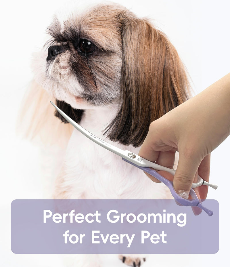 Fenice Peak 7" Curved Dog Grooming Scissors, Japanese 440C Stainless Steel, Professional Handcrafted Precision Cat Trimming Shears for Face, Body, Paws, Violet-White 7"Curved - PawsPlanet Australia